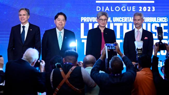 US Secretary of State Antony Blinken, Japanese Foreign Minister Yoshimasa Hayashi, Australian Foreign Minister Penny Wong and Indian Foreign Minister Subrahmanyam Jaishankar at a Quad Minister’s panel in New Delhi. Picture: AFP