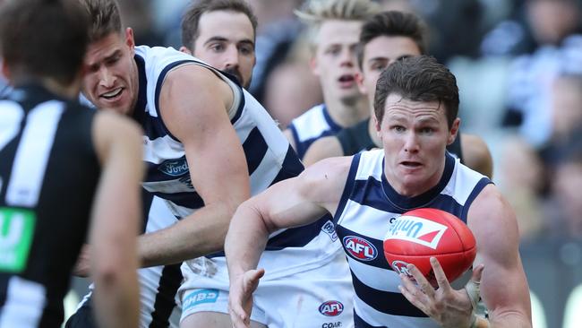 Geelong star Patrick Dangerfield will be among the gun midfielders battling it out in the Cats’ Round 1 clash with Collingwood. Picture: Alex Coppel