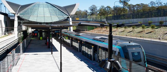 Tallawong Station, the first completed Sydney Metro Station and one of the Metro trains. Pic: Monique Harmer