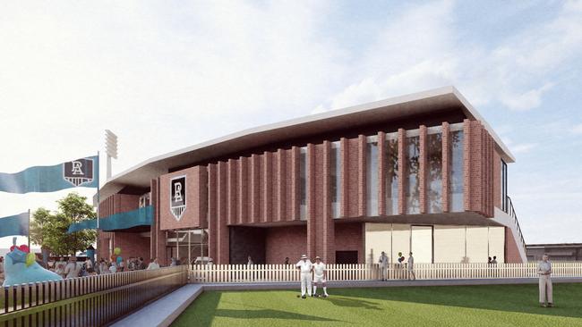 Port Adelaide has released renders of the next stage of the redevelopment at Alberton Oval, which includes a new Port Adelaide Bowling Club. Picture: Supplied/Brown Falconer