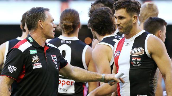 St Kilda coach Alan Richardson talks with Koby Stevens Picture: George Salpigtidis