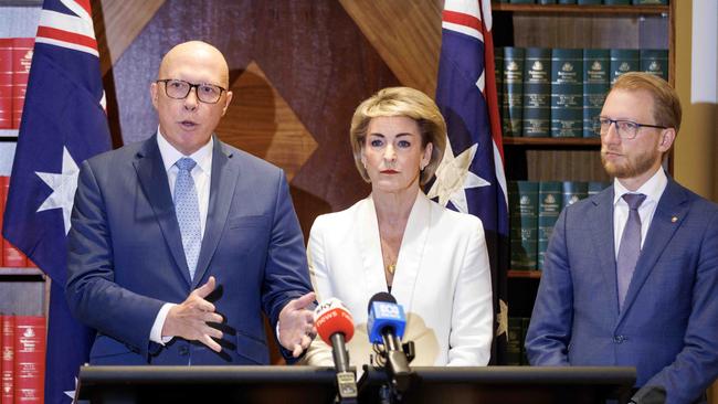 Opposition Peter Dutton, speaking at a joint press conference with Michaelia Cash and James Paterson, called for the deregistration of the CFMEU. Picture: NewsWire / David Geraghty