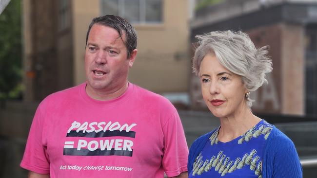 Health and Community Services Union State Secretary Robbie Moore and Greens leader Rosalie Woodruff speak to the media at parliament Square in Hobart on Wednesday, January 17, 2024.