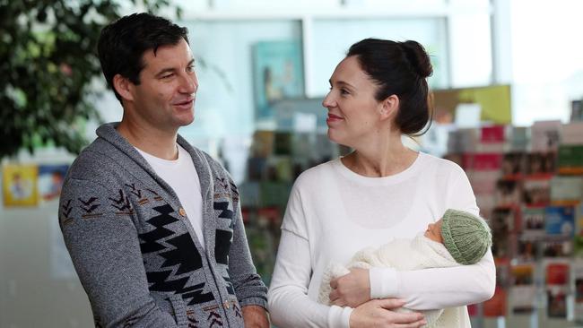 Jacinda Ardern and Clarke Gayford with their baby daughter Neve Te Aroha Ardern Gayford in 2018. Picture: AFP