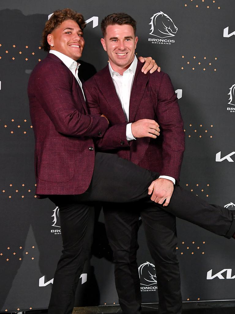 Reece Walsh and Jock Madden at the Broncos’ 2025 season launch at The Star Brisbane. Picture: John Gass