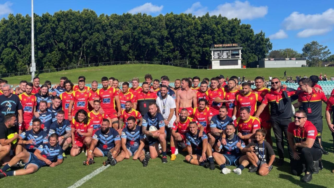 The Macedonian rugby league team with their opponents after their first-ever game.