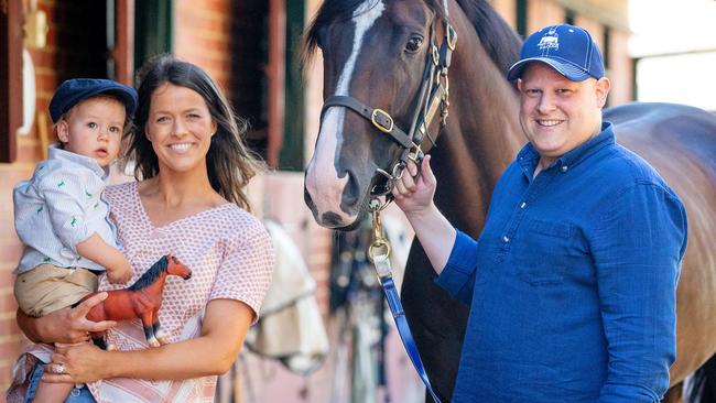 Jonathon Monasso is one of 10 All-Star Mile Ambassadors after voting in the Mick Price-trained racehorse Grunt, who he’s pictured with alongside wfe, Julia, and one-year-old son, Bruno. Picture: Mark Stewart