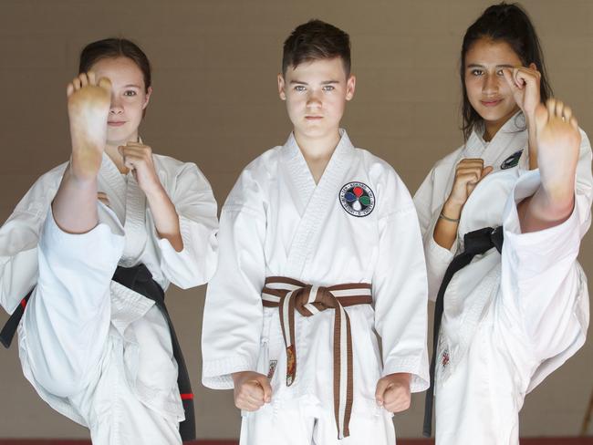 MANLY DAILY/ AAP Photo (L to R) Sasha Lewis, Chase McLean & Nina Von-Huben in the Brookvale dojo on Thursday the 3rd October 2019.These 3 martial art athletes are heading to the Australian martial art titles.AAP IMAGE/ Tim Pascoe