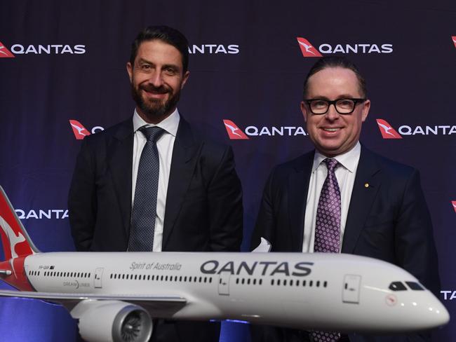 Qantas CFO Tino La Spina with CEO Alan Joyce as the airline delivers its full year results in Sydney. Picture: AAP