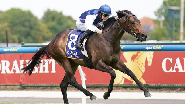 Invincible Woman ridden by Damian Lane wins the Magic Millions VIC 2YO Classic at Caulfield Heath Racecourse on December 14, 2024 in Caulfield, Australia. (Photo by Scott Barbour/Racing Photos via Getty Images)