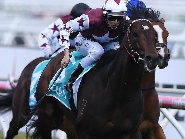 Land Of Plenty takes out the Toorak Handicap. Picture: AAP