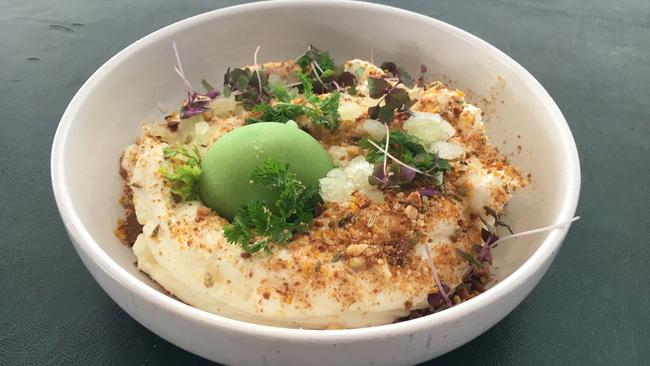 A dessert of yoghurt, apple and ginger crumble at Rick Shores, Burleigh Heads.