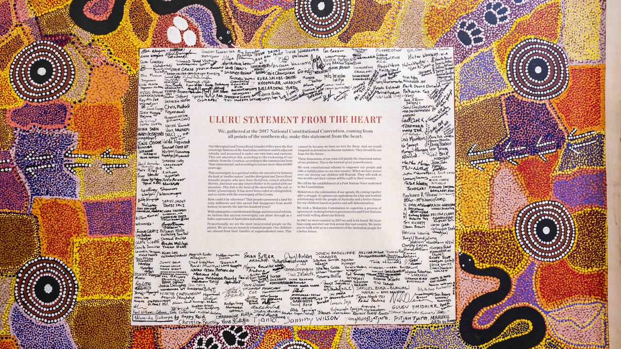 The signed Uluru Statement from the Heart on display at the National Press Club in Canberra. Picture: NCA NewsWire/Martin Ollman