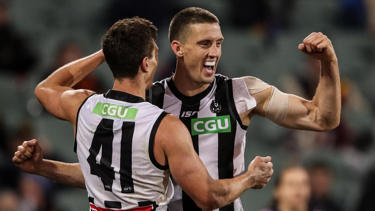 Darcy Cameron and Brody Mihocek will team up with Mason Cox and Brodie Grundy for just the second time this season when Collingwood faces West Coast. Picture: Matt Turner