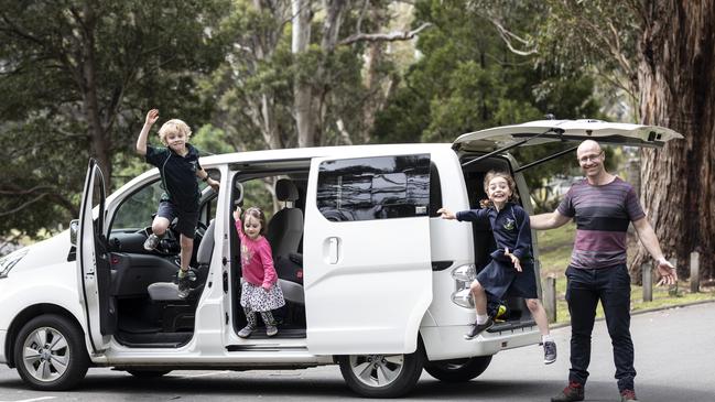 ELECTRIC CAR Electric car owner Sam Moloney and his kids, Jack, Tula and Jasmine. At Waterworks Reserve, Dynnyrne. Picture Eddie Safarik