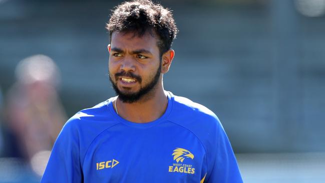 Willie Rioli is seen during a West Coast Eagles training session in Perth, Tuesday, August 20, 2019. The Eagles play the Hawthorn Hawks on Saturday. (AAP Image/Richard Wainwright) NO ARCHIVING