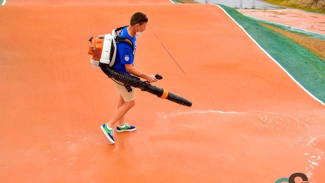 Water lies on the Sam Willoughby International BMX track after heavy rain on the first day of a national competition to official open it. Picture: AusCycling