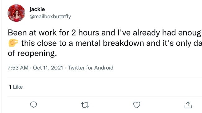 Retail workers shared their experience fronting crowds of people on day one of lockdown freedom in NSW. Picture:Twitter.  https://twitter.com/mailboxbuttrfly/status/1447304273708994560