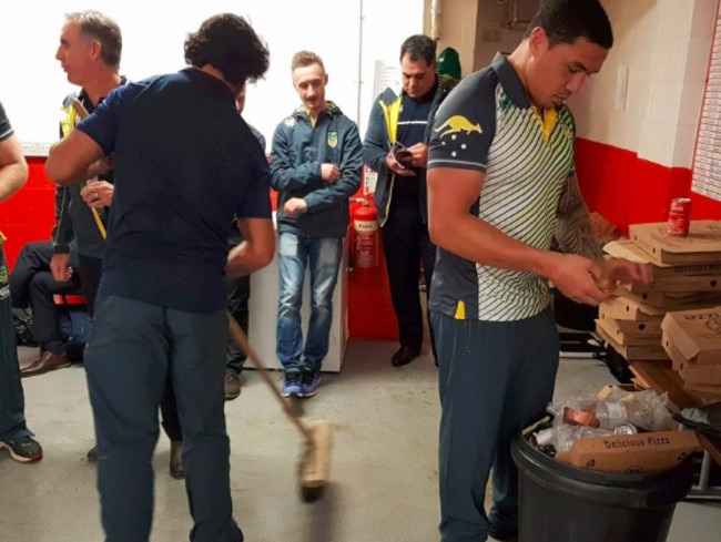 Australian Rugby League Kangaroos players sweeping up their own change rooms after the Scotland test.