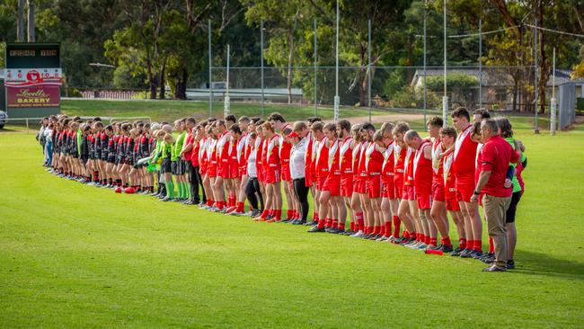 The one-minute silence at the Birdwood v Macclesfield A Grade game following Loiacono's tragic death. Pictured on 6th May 2023. Picture: Ben Clark