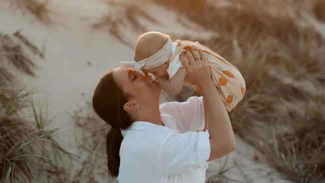 Adelaide restaurateur and MasterChef star Laura Sharrad with her baby Florence. Picture: Olive Leaf Studio