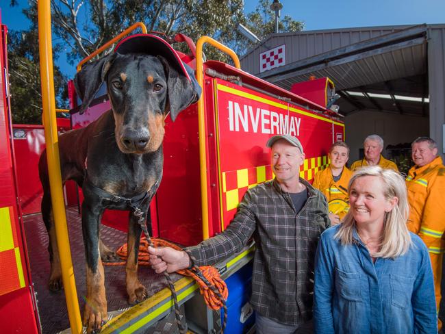 Ned the Doberman with owners Brad Hoye and Cam Fithall and Invermay CFA firefighters who helped save him from an 8m mineshaft. Picture: Jason Edwards