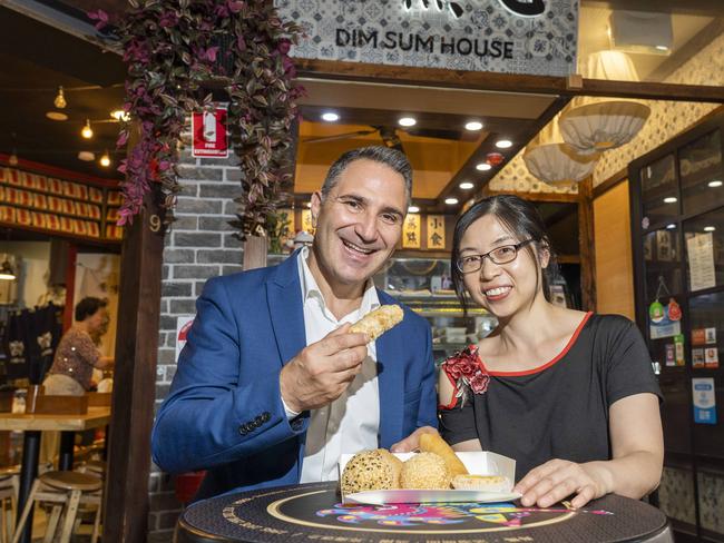 Burwood Mayor John Faker and Vivian Cheng owner of Dim Sum Housei in Burwood Chinatown. Picture: Matthew Vasilescu