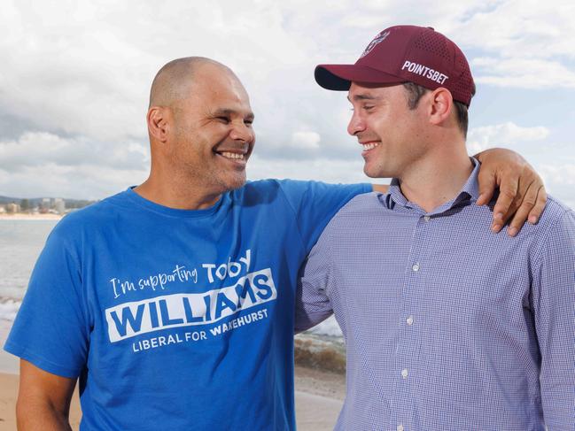 DAILY TELEGRAPH MARCH 3, 2023Ex Manly fullback Darrell Williams has flown back to his old stomping ground to help son Toby fight for his political life. Toby is hoping to replace Brad Hazzard in Wakehurst at the State Election. Picture: David Swift