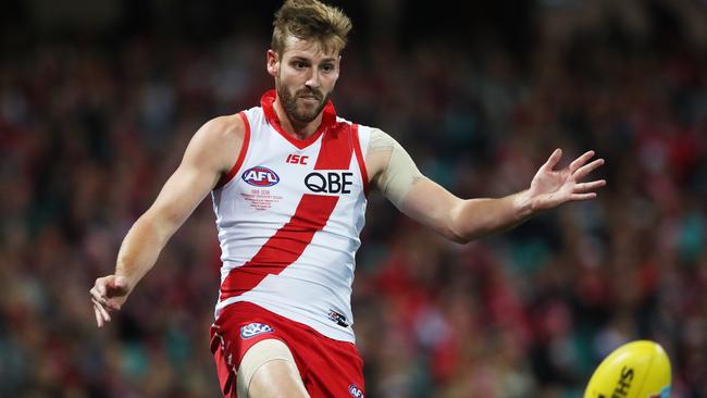 Sydney's Alex Johnson first kick during AFL match Sydney Swans v Collingwood at the SCG. It is Alex Johnson's first game since the 2012 Grand Final after having five knee reconstructions. Picture. Phil Hillyard