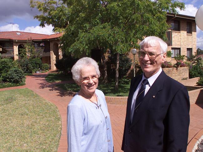 Dr John Knight aka Wright and wife Noreen at Vimiera Retirement Village in Sydney in 2003. Picture: Angelo Soulas.