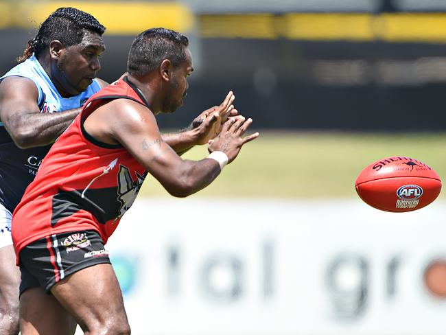 NTFL Premier League - Tiwi Bombers V Darwin Buffaloes - Buffs player Sean Brown and Bombers player Patrick Heenan.