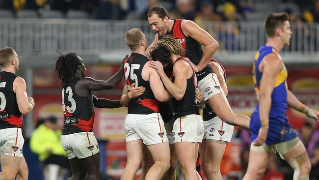 Devon Smith and Jake Stringer lead the celebrations against the Eagles. Picture: Getty Images