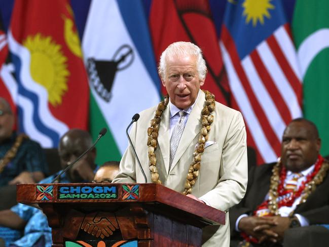 Britain's King Charles III delivers a speech during the opening ceremony for the Commonwealth Heads of Government Meeting (CHOGM) in Apia, Samoa, on October 25, 2024. (Photo by Manaui FAULALO / POOL / AFP)