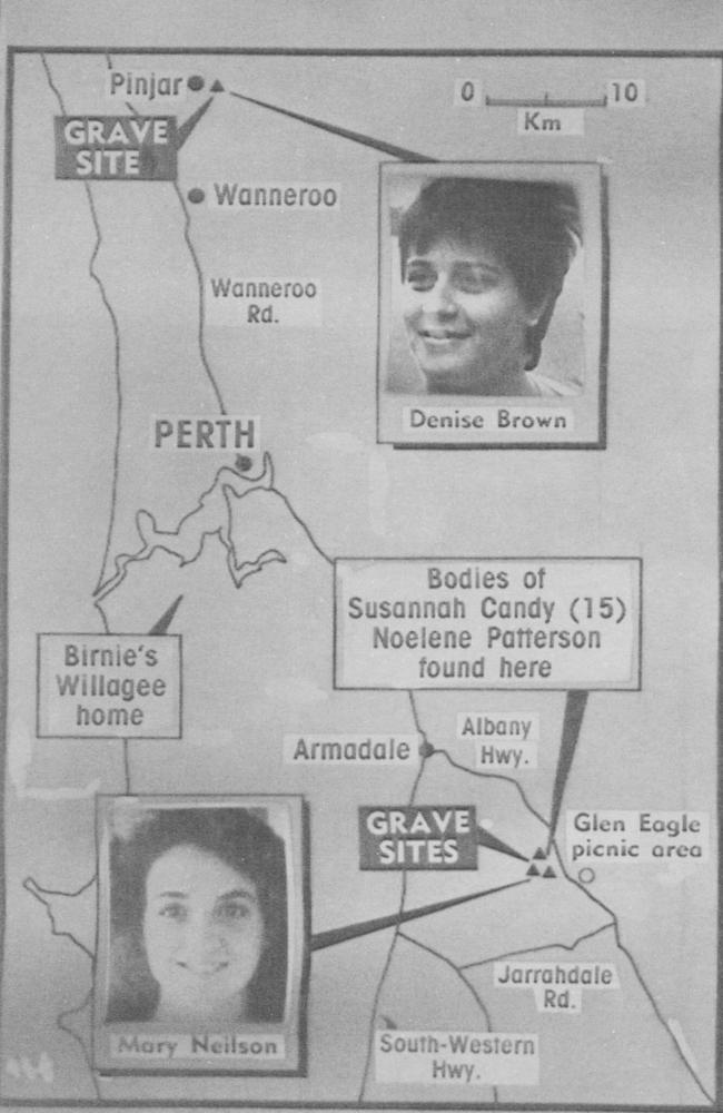 Map showing the gravesites where David and Catherine Birnie buried their victims, including Noelene Patterson, upon whose grave a jealous Catherine spat.