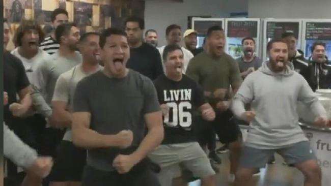 The New Zealand Kiwis players perform the haka for Liverpool FC.