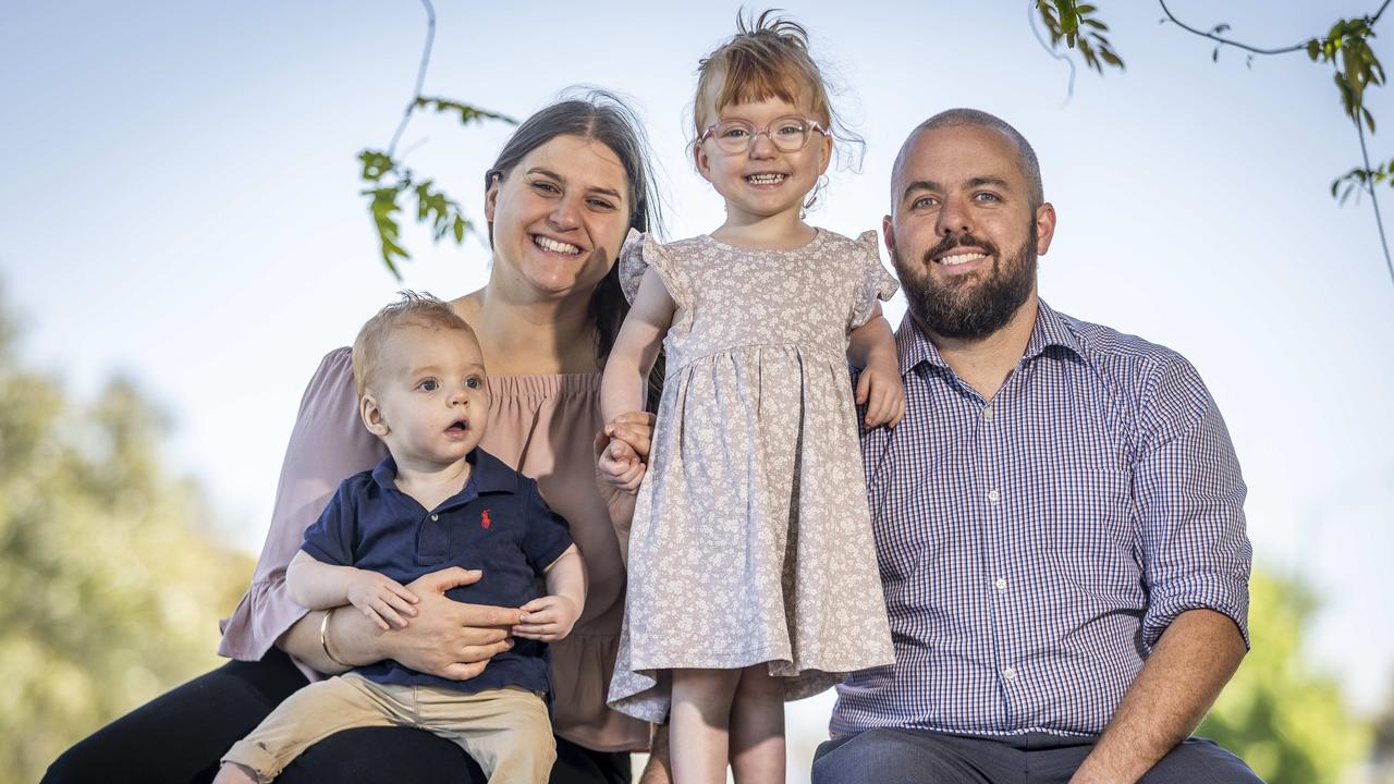 Parents Sam and Rhianna Garey with their children Billie, 3 and Chester, 1. Billie was part of a world-first trial at Monash Children's when she was born very prematurely at 24 weeks. Picture: Jake Nowakowski