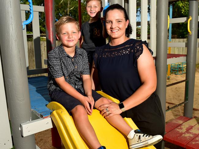 Mikaela Murray, director of Townsville Montessori Early Learning Centre, pictured with her kids Lincoln 6 and Harrison Murray 4