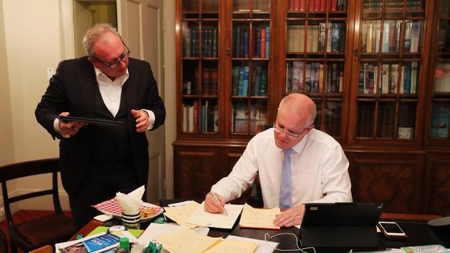 Prime Minister Scott Morrison with Yaron Finkelstein on the night of the 2019 election. Picture: Adam Taylor