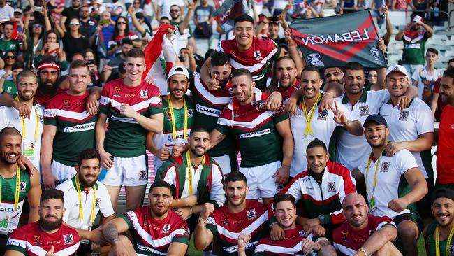 Lebanon players celebrate winning the 2017 Rugby League World Cup match between France and Lebanon at Canberra Stadium. Picture: Getty Images