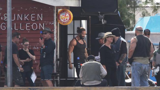 ‘Bikies’ take over the Gold coast — this time its actors playing the part during filming for Aquaman at a ready made set at the Spit. Picture Glenn Hampson