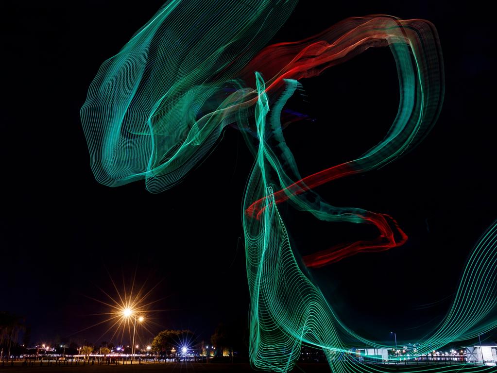 The kites in action at Clontarf’s Pelican Park at night ahead of Redcliffe KiteFest. Photo: Josh Woning.