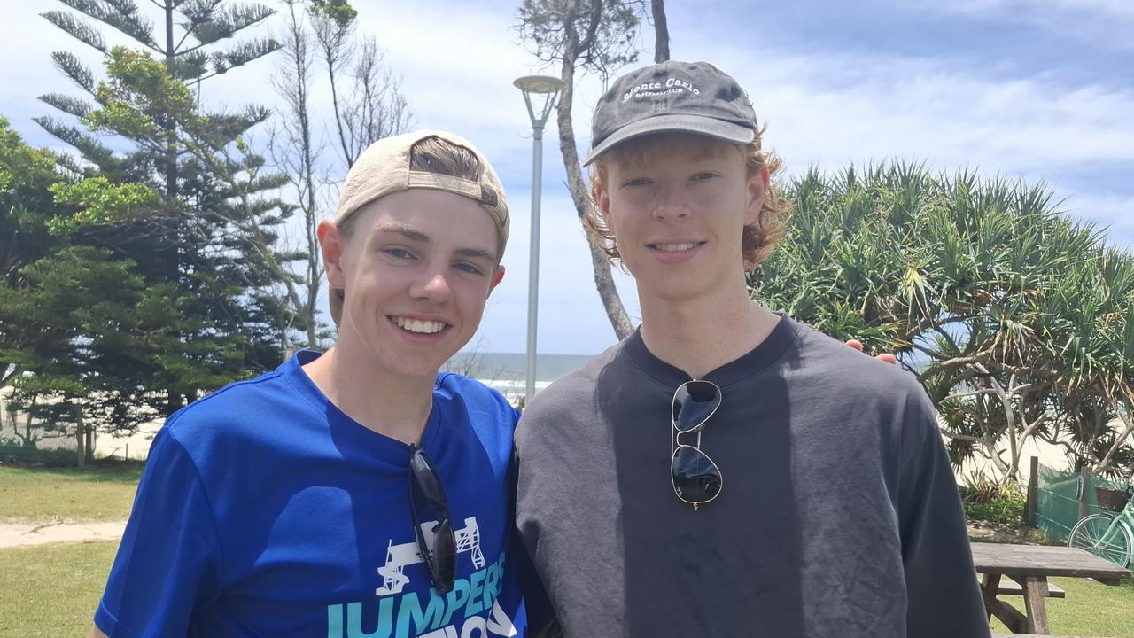 Liam O'Donnell, 18, and Josh Cameron, 18, at Byron Bay Schoolies celebrations on November 28, 2024. Picture: Sam Stolz.