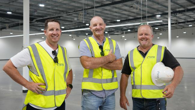 Overseeing the construction of Toowoomba's new $30m Officeworks precinct, which includes new drive-through outlets Starbucks and KFC, are (from left) developers Daniel Cooper and Rob Weymouth and NRG Services project manager Mick Cummings.
