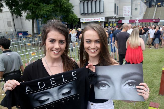 Demee Cramp with Brittney Wright from Ballina are big Adele fans. They’re waiting for her Gabba concert to start. Picture: Steve Pohlner