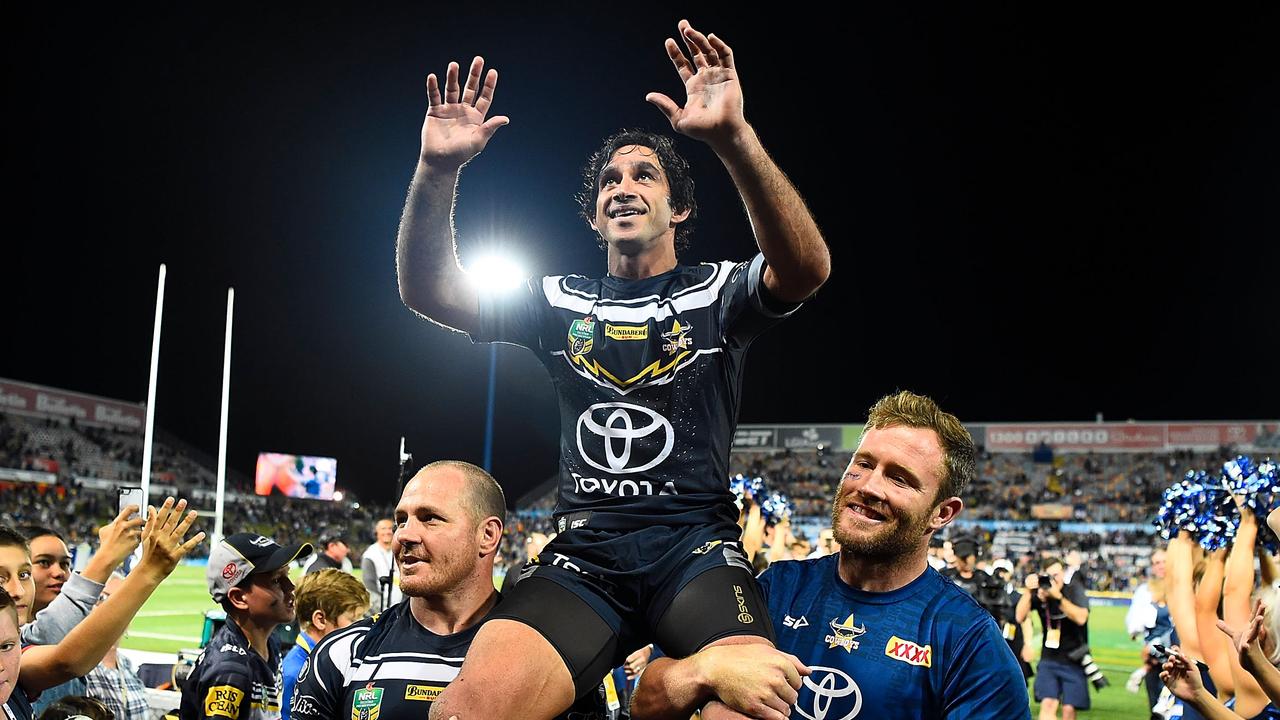 Johnathan Thurston of the Cowboys is chaired from the ground after playing his last home NRL match.