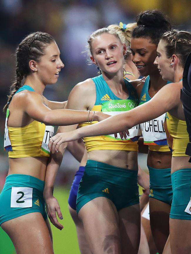 Jess Thornton and 4x400m relay team mates Caitlin Sargent, Morgan Mitchell and Annelise Rubie after the final in Rio. Picture. Phil Hillyard