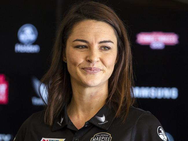Sharnie Layton talks to the media after announcing her retirement from professional netball, at the Holden Centre, Melbourne, Wednesday, July 18, 2018. Layton announced on Wednesday she will walk away at the end of Collingwood's campaign in the Super Netball competition early next month. (AAP Image/Daniel Pockett) NO ARCHIVING