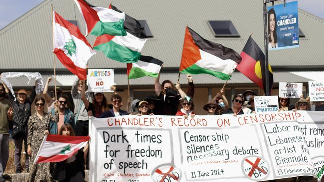 Supplied image of protest outside Liberal Senator Claire Chandler's office at Richmond Tasmania on Thursday, February 27, 2025. PHOTO: Kristy Alger