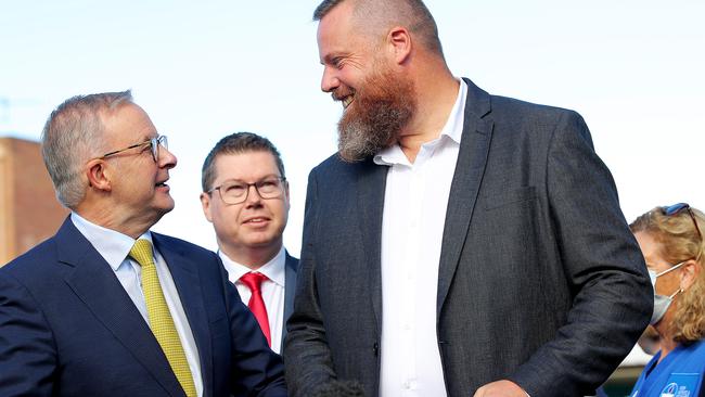 Labor leader Anthony Albanese with Labor’s Hunter candidate for Hunter, Pat Conroy, at Cessnock. Picture: Toby Zerna