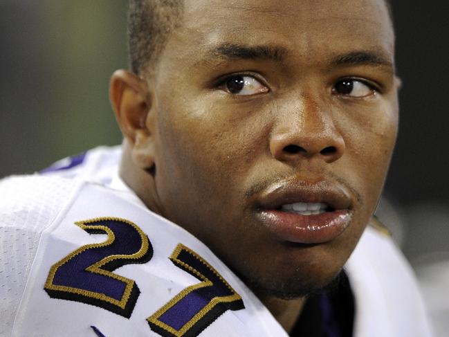 FILE - In this Aug. 7, 2014, file photo, Baltimore Ravens running back Ray Rice sits on the sideline in the first half of an NFL preseason football game against the San Francisco 49ers in Baltimore. The Ravens have cut Ray Rice. Hours after the release of a video that appears to show Rice striking his then-fiancee in February, the team terminated his contract Monday, Sept. 8, 2014. (AP Photo/Nick Wass, File)